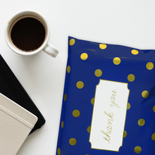 Load image into Gallery viewer, 10” X 13” Navy &amp; Gold Polka Dot Thank You Message Poly Mailer Envelope - 100 Count

